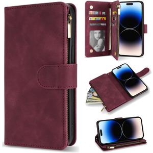 ZZXX For iPhone 14 Pro Max Case Wallet With [RFID Blocking] Card Slot Soft PU Leather Zipper Flip Folio With Wrist Strap Kickstand Protective Cover For iPhone 14 Pro Max Wallet Case(Wine Red-6.7 inch)