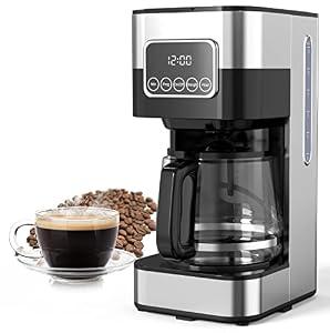 KEVCHE 10-Cup Programmable Coffee Maker, Electric Drip Coffee Machine with Glass Carafe & Warming Plate, Multiple Brew Strength, Kitchen Essentials, Stainless Steel & Black