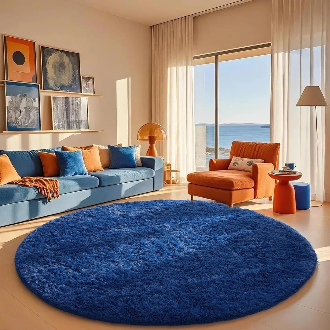 Ophanie Round Rug 7Ft Blue Circle Area Rug, Boys Room Decor, Fluffy Fuzzy Bedroom Carpet, Plush Soft Shaggy Living Room Rugs for Kids Home Decor Aesthetic, Nursery