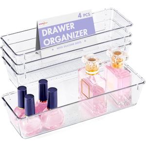 HOUSE DAY Desk Drawer Organizer Bins 4 PCS, 9*3*2" Clear Drawer Organizers with Silicone Pads, Vanity Organizers and Storage, Non Slip Plastic Drawer Organizer for Makeup, Bathroom, Kitchen, Office