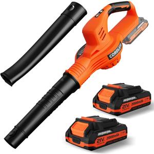 Leaf Blower Cordless - 21V Powerful Electric Leaf Blower with 2 Batteries and Charger, 2 Speed Modes, 2.0Ah Lightweight Battery Powered Leaf Blowers for Lawn Care, Patio, Dust, Blowing Leaves (Orange)