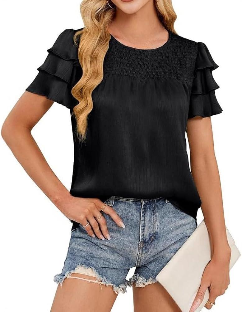 Womens Satin Ruffle Short Sleeve Dressy Blouse Business Work Cute T Shirts Trendy Outfits Elegant Textured Tops, Size S