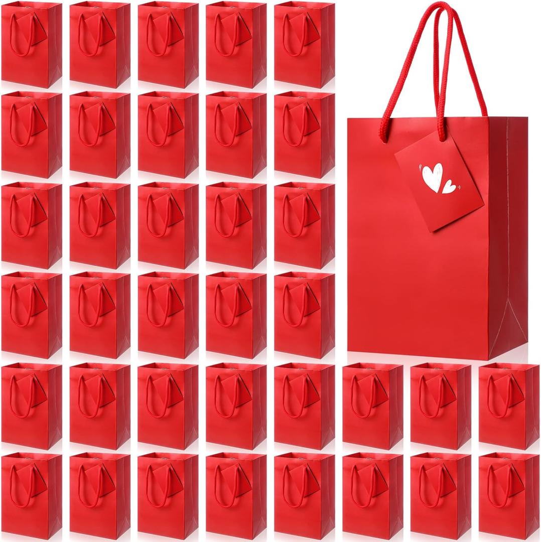 Sherr 50 Pcs Red Gift Bags with Handles Tags 5.3 x 3.7 x 8.1 Inches Small Glossy Paper Bags Bulk Wedding Birthday Baby Shower Party Favor Gifts