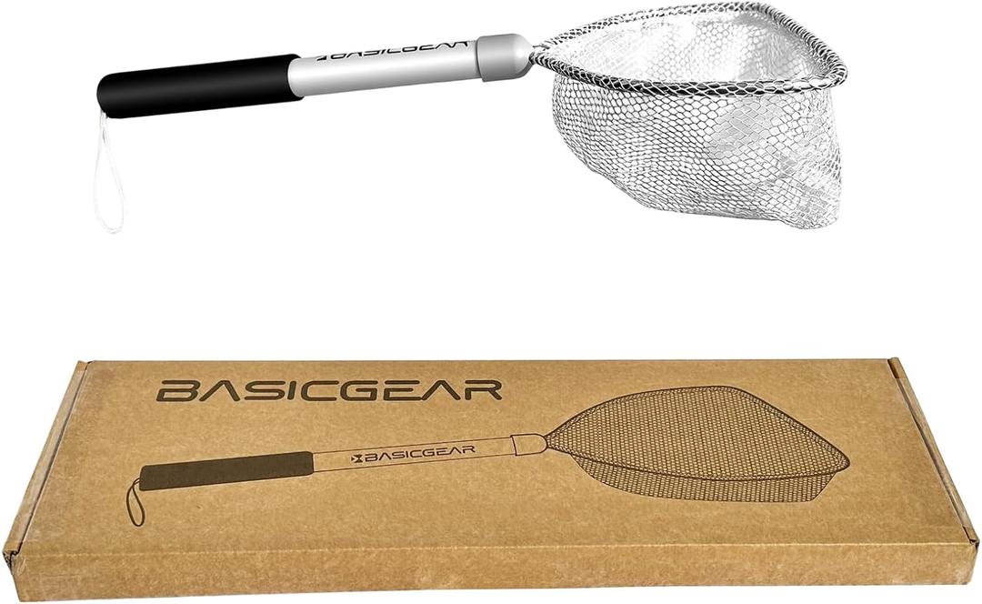 BasicGear Compact Baitwell Net for Live Bait Soft Nylon Mesh, Aluminum Frame, EVA Non-Slip Grip & Anti-Drop Rope