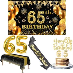 65th Birthday Decorations Men Women with 65th Birthday Banner, Black and Gold Table Cloth, Number Balloons, Large Sash, Cake Topper and Candles
