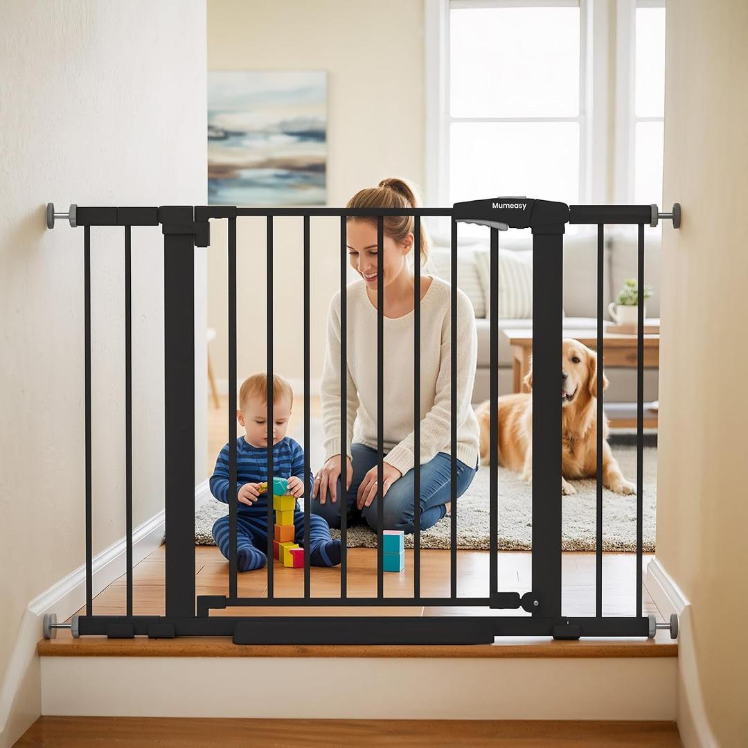 Baby Gate for Stairs, 29.7-43" Auto Close Dog Gate for Doorways & Hallways, Pressure Mounted Pet Gate with Walk Thru Door, Easy Install Safety Gate for Children & Pets, No Drilling, Dual-Lock Design, Black