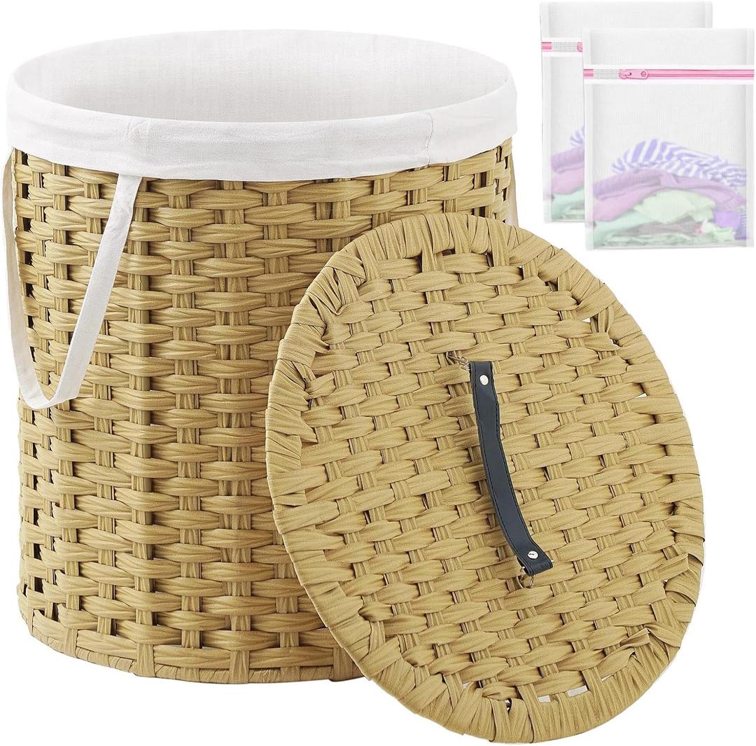 Laundry Hamper with Lid Wicker Laundry Hamper Round 26.5 Gal (100 L) Laundry Basket Handwoven Rattan Laundry Basket with Removable Bag Handles 2 Mesh Bags for Living Room Bedroom Natural (26.5 Gal - 100L)