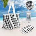 Beach Tote Bag for Women, Lightweight Foldable Waterproof Mesh Pool Bag (Black and White Plaid)