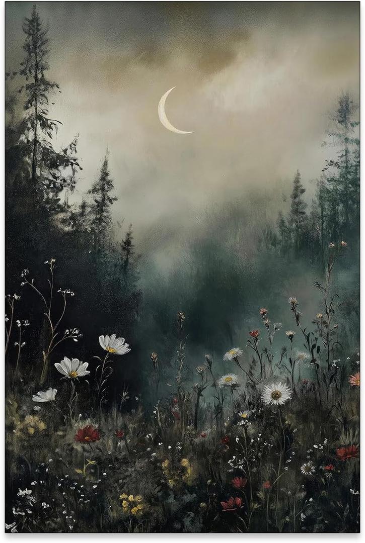 rumlud Dark Flower Field Poster Vintage Moody Academia Wall Art Nature Black Botanical Wildflower Oil Painting for Farmhouse Cottagecore Wall Decor 16X24 inch Unframed (24L" x 16W")