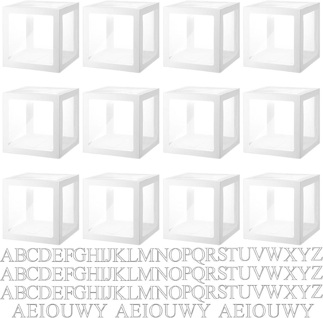 Thyle 12 Pcs Transparent Balloon Boxes Clear Balloon Boxes with 99 Letters for Baby Shower Gender Reveal Grad Birthday Party Bridal Wedding Anniversary Backdrop Decoration (White)