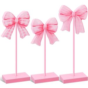 3 Pcs Small Bow Wooden Sign Tall Standing Block Coquette Room Decor Bow Centerpieces for Table Topper Girly Coquette Party Tiered Tray (Pink Bow)