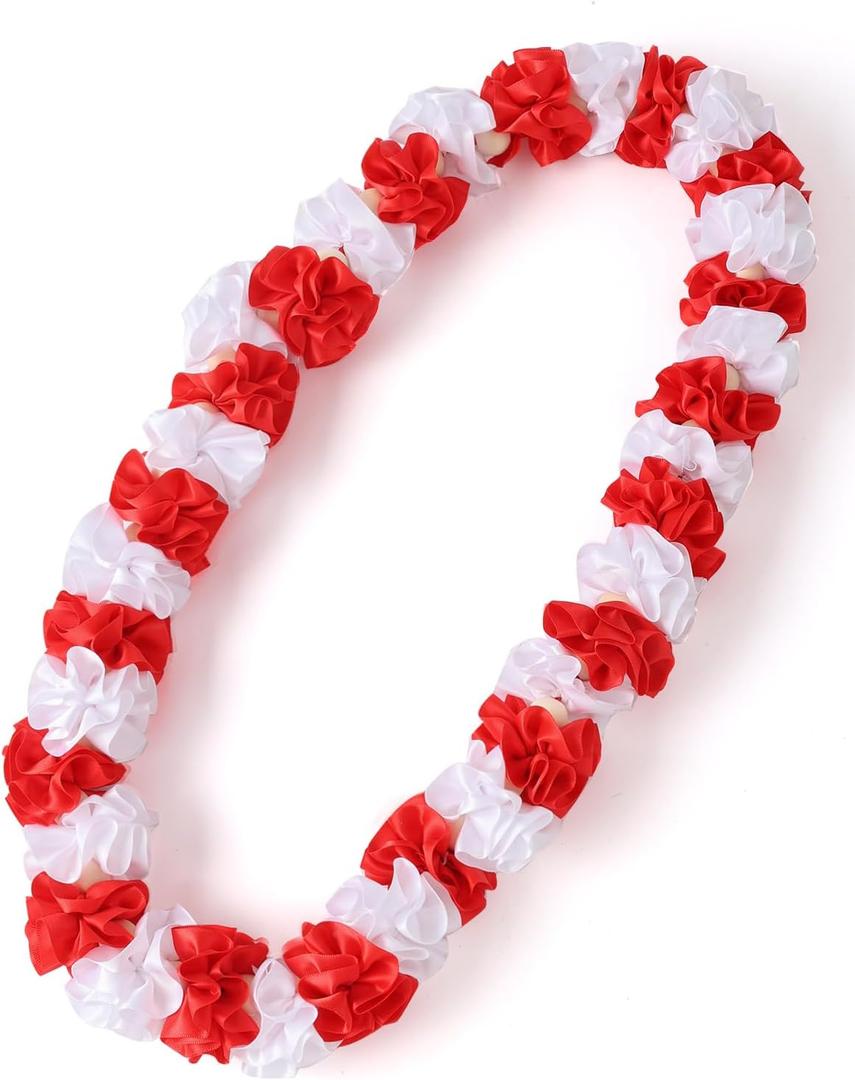 Handmade Graduation Ribbon Leis Hawaiian Leis with Wood Beads Two-Tone Grad Flower Leis for College High School Graduation Party Accessories (Red and White)