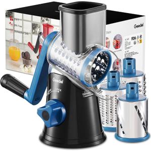 Geedel Rotary Cheese Grater, Kitchen Mandoline Vegetable Slicer with 3 Interchangeable Blades, Easy to Clean Rotary Grater Slicer for Fruit, Vegetables, Nuts