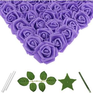 100 Pcs 3 Inch Artificial Flowers Bulk 5 in 1 Set Faux Foam Fake Rose Head Wedding Decoration Bridal Shower Centerpiece Arrangement Wall Table Decor DIY Craft (Purple)
