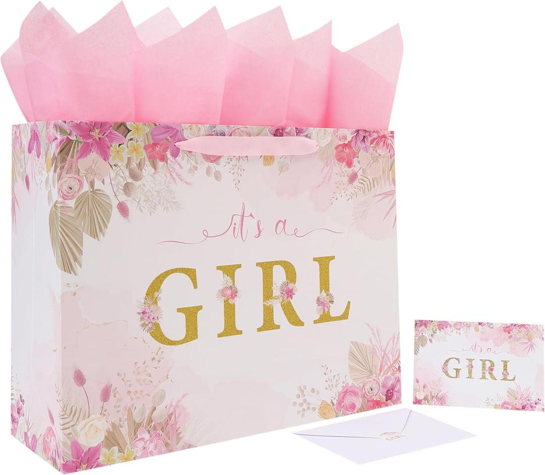 16.5'' Extra Large Baby Girl Gift Bag Set with Handles, Greeting Card, Pink Tissue Papers and Stickers for Girls Kids for Baby Shower, Girls' Birthday Party, Newborn, New Moms, Little One, 1st Baby, Gold Glitter 'GIRL' Design, 1 Pcs