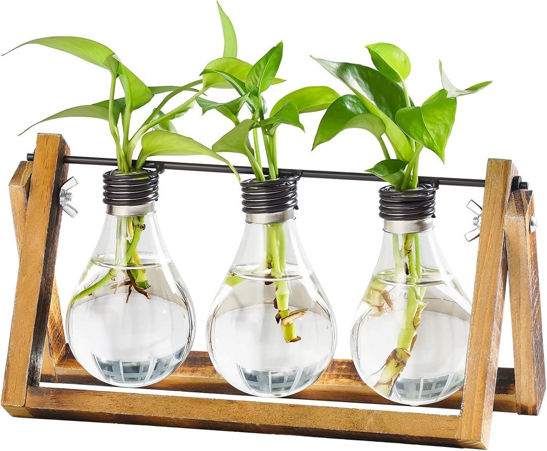 Marbrasse Plant Propagation Stations with Wooden Stand, Desktop Plant Terrarium Holder Bulb Vase, Glass Vase Container with Metal Swivel Holder for Hydroponics of Home Garden Office Decor Lover Gifts
