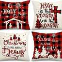 AnyDesign Christmas Pillow Cover 18 x 18 Inch Red Black Buffalo Check Plaids Holy Night Throw Pillow Case Decorative Cushion Cover Case for Farmhouse Home Couch Sofa, Set of 4