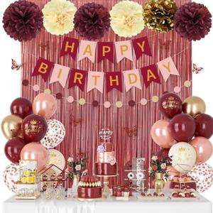 Burgundy Birthday Decorations for Women Girls, Pearl Pink Rose Gold Sand Metallic Printed Balloons Butterfly Stickers Fringe Curtain Happy Birthday Banner Circle Dot Paper Pompom Party Supplies