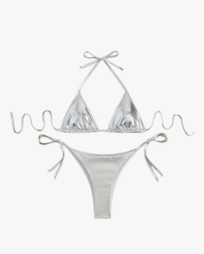 Women's 2 Piece Bikini Set Tie Up Bathing Suit Sexy Swimsuit Halter Brazilian String Metallic Adjustable Swimwear, M