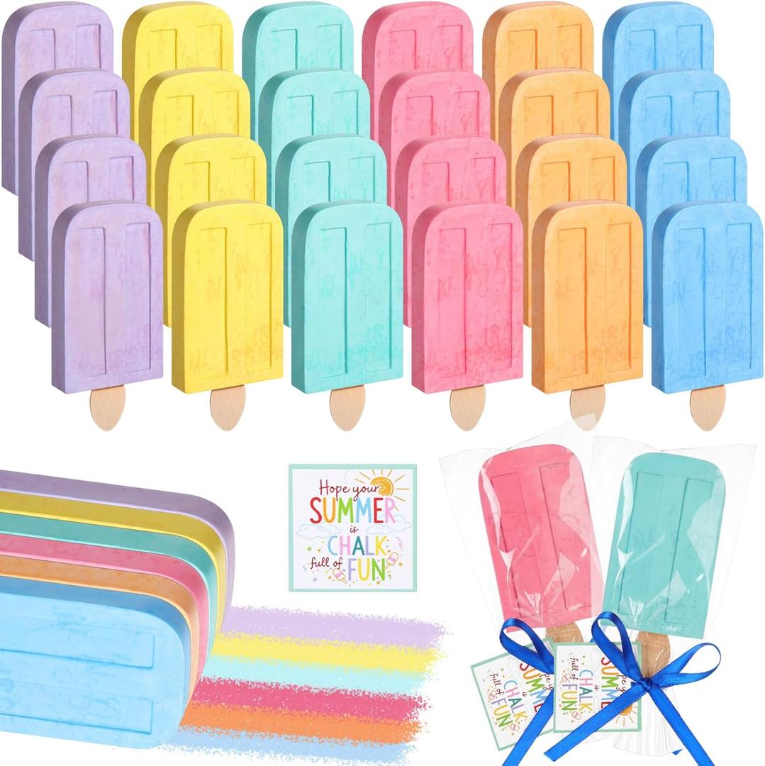 Gueevin 24 Set Ice Cream Sidewalk Chalk Set Washable Sidewalk Chalk Gifts Bulk 6 Color Summer Kit Gift with Bag, Card & Ribbon for Street School Graduation Summer Outdoor Art Play Party Favors