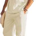 COOFANDY Men's 2 Pieces Cotton Linen Set Henley Shirt Long Sleeve and Casual Beach Pants Summer Yoga Outfits (Beige)