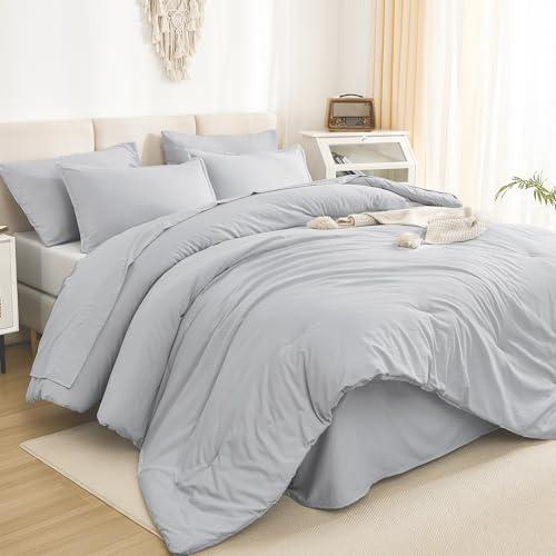 Litanika California King Comforter Set Light Grey - 7 Pieces Bed in a Bag Cal King Bedding Comforter Sets, Plain Lightweight Bed Set with Comforter, Sheets, Pillowcases & Shams