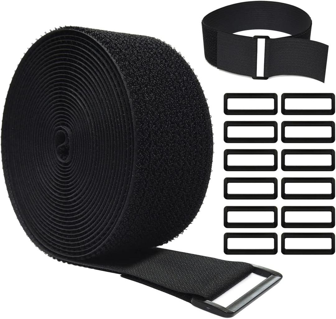 16Ft x 2In Adjustable Cable Straps with 12 Buckles, Free Cut Length, Black Reusable Fastening Cable Ties, Hook and Loop Securing Strap for Cable Tidy, Wire Management, Cord Organiser, Black