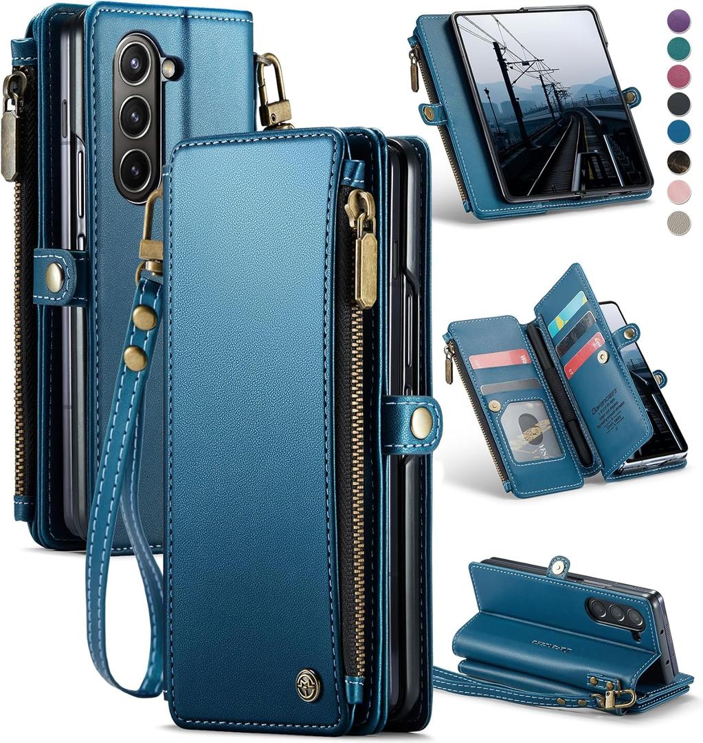 Defencase Wallet Case Compatible with Samsung Galaxy Z Fold 6 with RFID Blocking Card Holder & S Pen Holder PU Leather Magnetic Snap Flip Zipper Strap Phone Case Fit for Galaxy Z Fold 6, Dark Blue