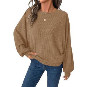 BTFBM Casual Fall Tops For Women 2025 Long Sleeves Solid Shirts Crew Neck Loose Fit Work T Shirt(Khaki, Medium)