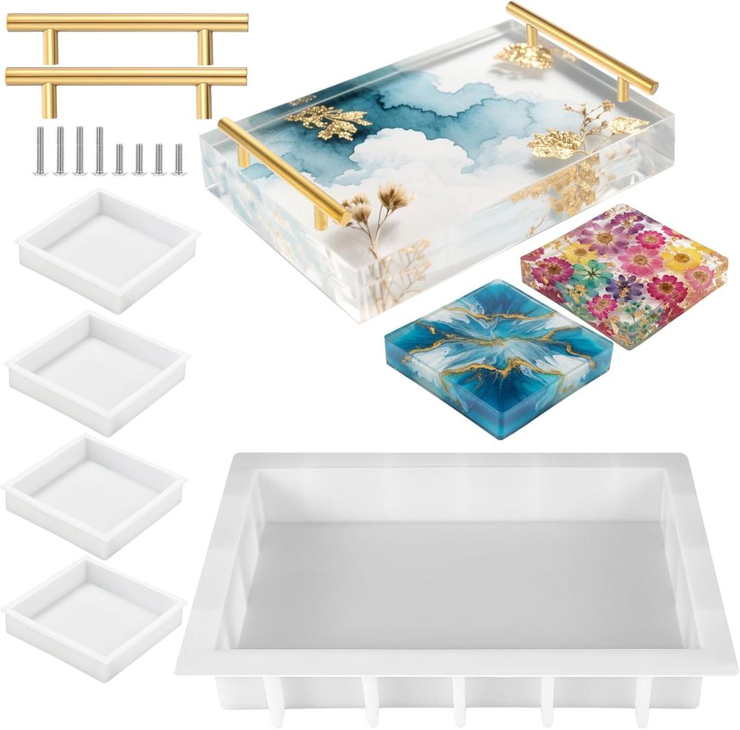 Large Silicone Tray Molds for Resins, 13.5"X9.5" Resin Tray Molds with 4pcs Coasters Mold and Gold Handles, Deep Rectangle Trays Resin Mold for DIY Art Home Decoration