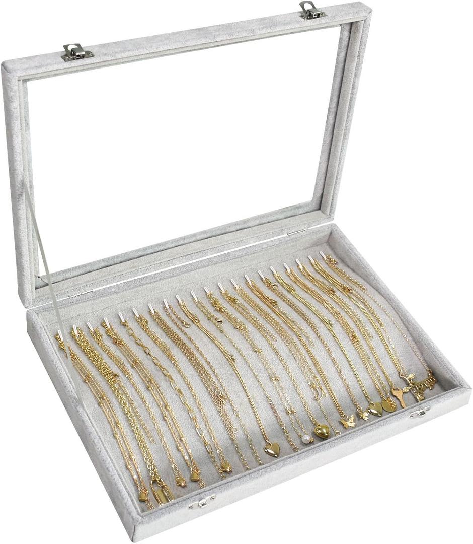 Necklace Organizer Box with Clear Lid Velvet Tray for Jewelry Storage Display Case, 20 Hooks Glass Top Drawer Insert Necklaces Pendants Dustproof Necklace Jewelry Box Organizer & Tray (Grey)