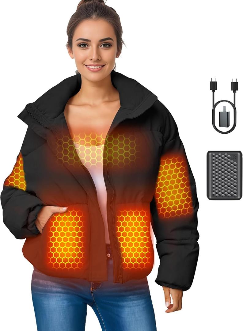 Graphene Women Heated Jacket 12V Fast Charge 18400mAh Large Capacity (Medium, Black)