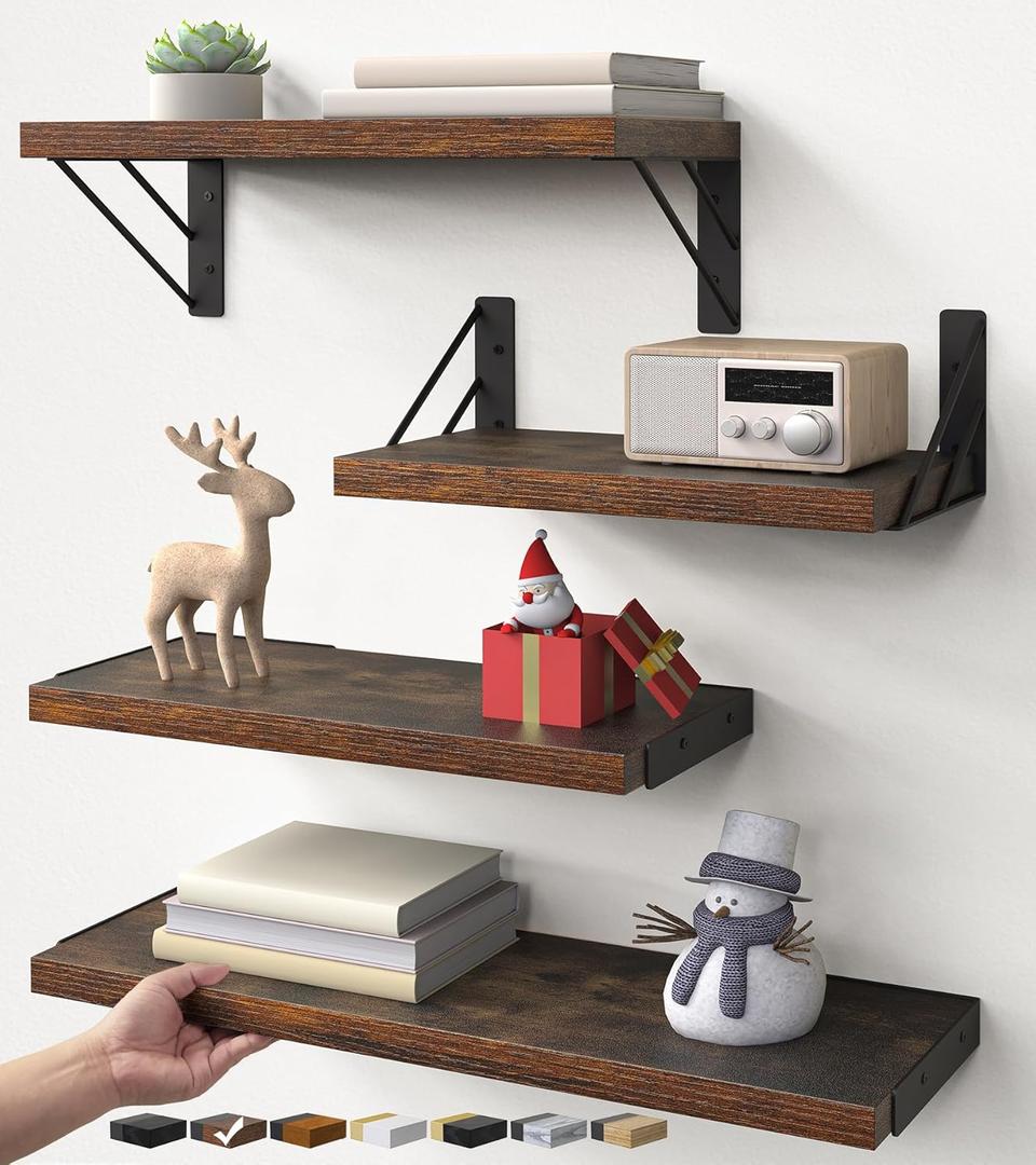 BAYKA Wall Shelves for Bedroom Decor, Floating Shelves for Wall Living Room Kitchen Storage, Mounted Rustic Wood Floating Shelves for Kids Books, Corner Shelf for Bathroom(Rustic Brown, Set of 4)