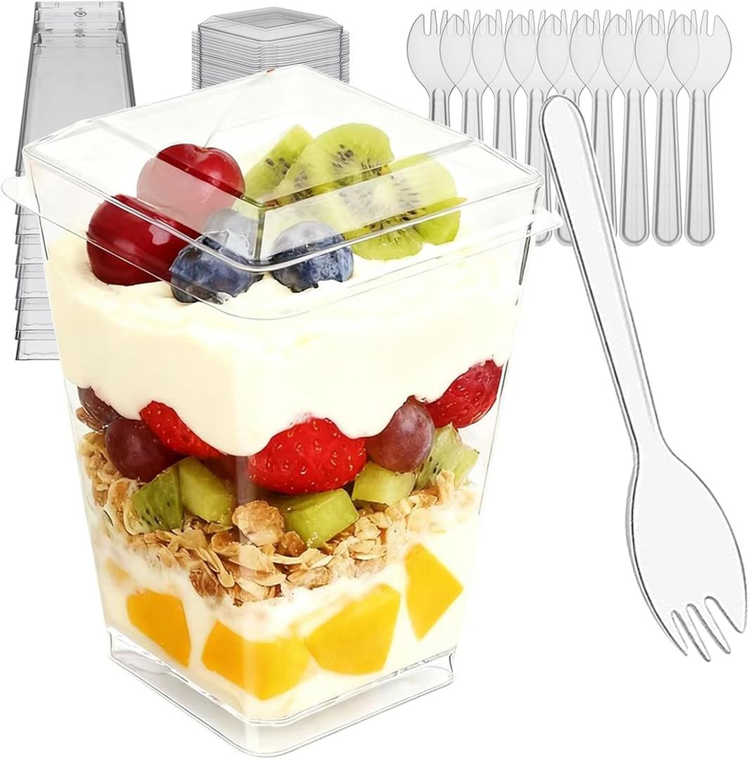 100pcs Clear Dessert Cups with Lids and Spoons, 5.4oz Mini Dessert Cups Reusable Square Parfait Cup for Party Appertizer, Christmas