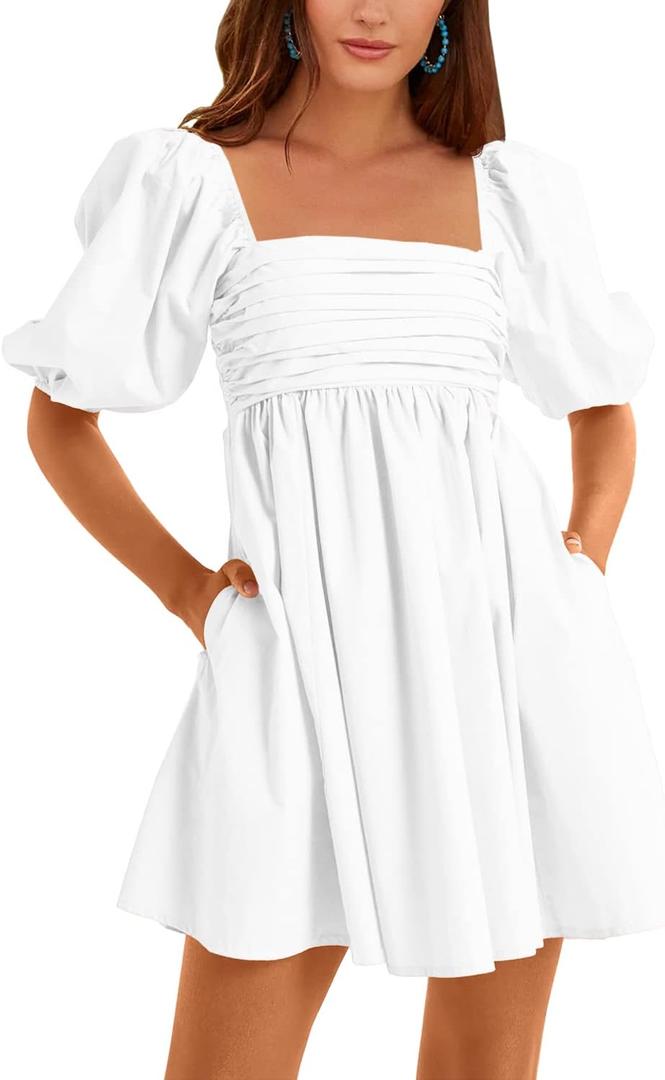 Ebifin Womens Square Neck Dresses Half Puff Sleeve High Waist A-Line Casual Backless Smocked Short Babydoll Mini Dress (White, S)