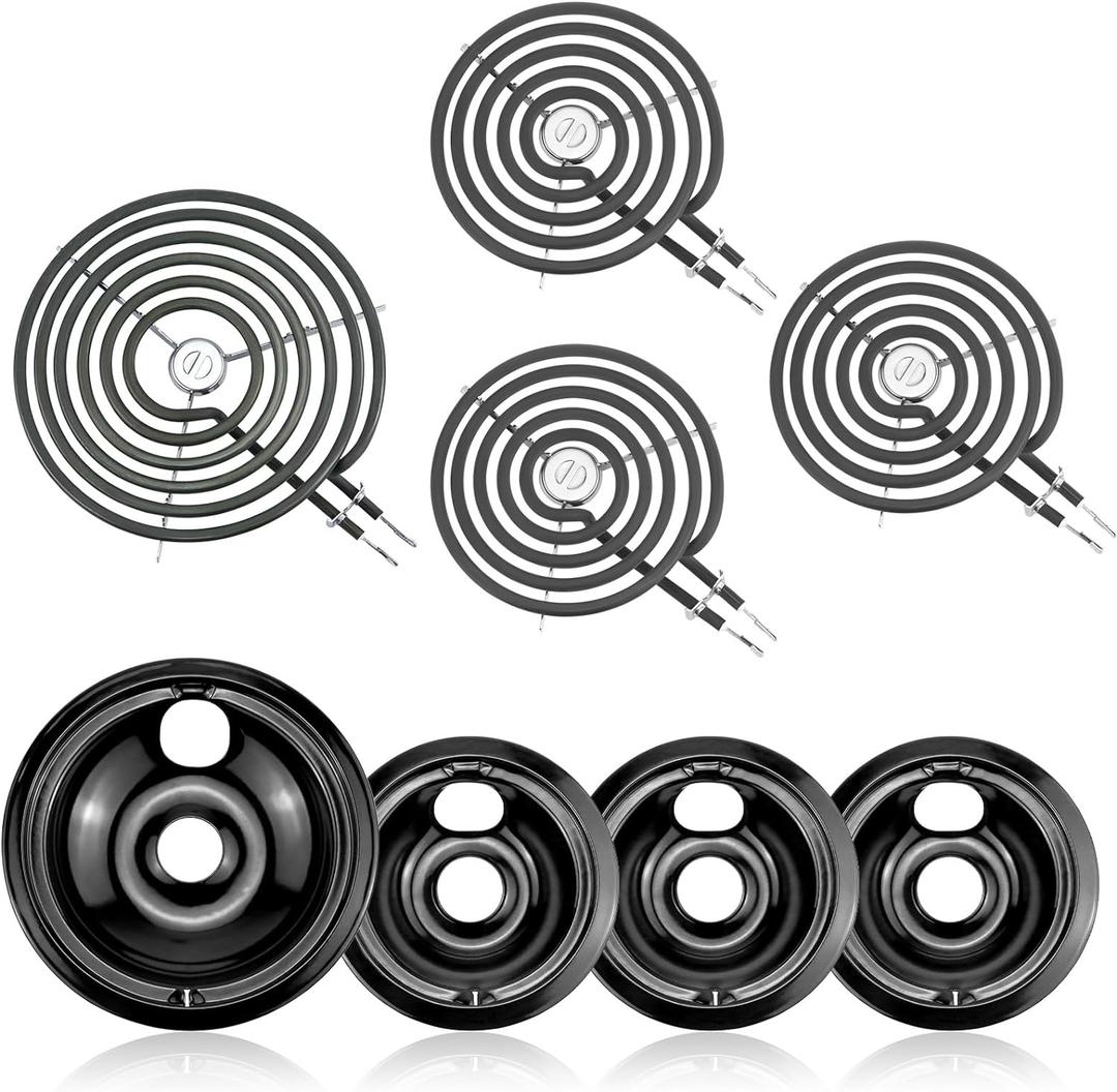Electric Stove Burner Drip Pans WB31M19(8) WB31M20(6) Electric Stove Top Burner Replacement WB30M1(6") WB30M2(8") Compatible for G-E Hot-point Ken-more General Electric Stove Parts by MIFLUS (Black Drip Pans 1*8in 3*6in and Stove Burner 1*8in 3*6in)