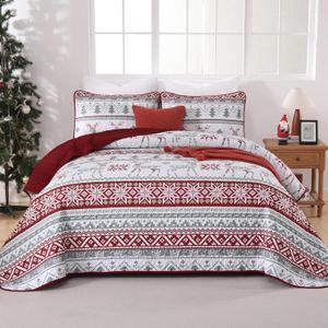 Luxudecor Christmas Quilt Set King Size 3 Pieces, Red Snowflakes Reindeer Bedspread with Pillow Shams, Soft Reversible Coverlet Xmas Bedding Set Holiday Decor 104"x90"