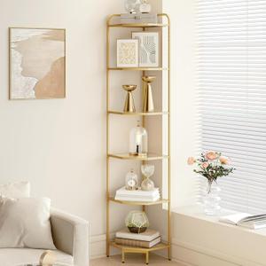 Corner Shelf Stand, Glass Bookshelf Bookcase, Bathroom Organizer, Plant Stand, Steel Frame, Tempered Glass, Modern Style for Living Room, Bathroom, Kitchen, 6-Tier Golden CS90600G