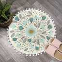 Uphome Small Round Rug 2 Circle Cute Bath Mat with Pom Poms Fringe Floral Plant Washable Bathroom Rugs Soft Non-Slip Circular Throw Rug Carpet for Shower Sink Powder Room Nursery Bedroom Table (Blue)