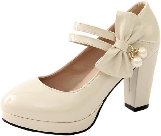 ForeMode Bow Mary Jane Shoes High Heels Closed Round Toe Pumps Leather Summer Sweet Shoe（Sand, 7.5）