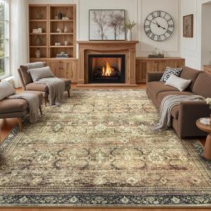 Washable Area Rugs 8x10 Vintage Brown, Large Indoor Rug for Living Room Bedroom, Traditional Farmhouse Carpet for Dining Room, Charcoal