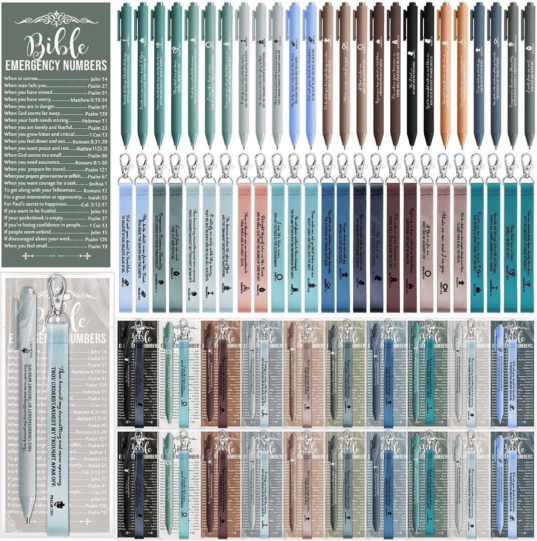 50 Set Christian Gift Bulk Bible Emergency Numbers Bookmark with Silicone Keychains Bible Verse Pen Religious Study Supplies for Mother Day Church Easter Basket Stuffers (Boho Color)