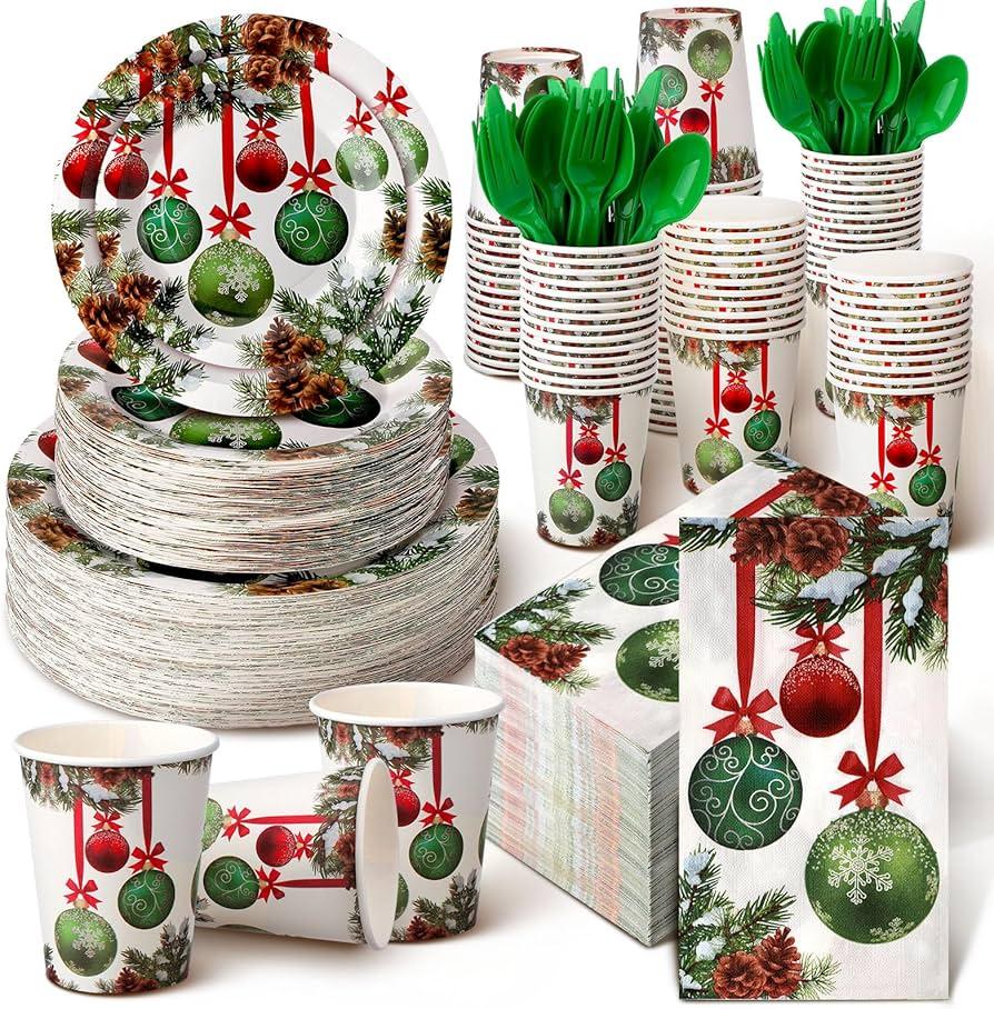 Suttmin 350 Pcs Christmas Paper Plates and Napkins Set 9 Inch 7 Inch Disposable Durable Dinnerware Holiday Xmas Party Supplies Tableware Serve 50 Guest Cups Knife Forks Spoon(Christmas Tree)