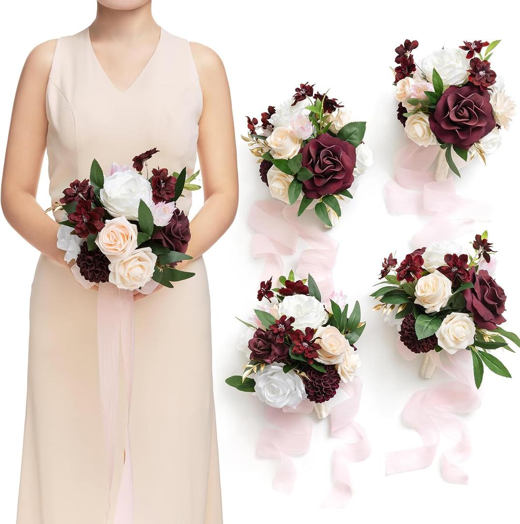 Ling's moment Artificial Bridesmaid Bouquets Set of 4,Marsala Wedding Flower Bouquets White Floral Bouquet Blush Bridal Bouquets with Ribbon,Ceremony,Anniversary,7-inch Diameter (Red-marsala & Cream)