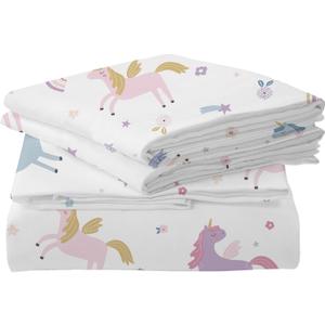 MUSOLEI Unicorn Fitted Sheet Set Full Girls Rainbow Star Sheet Pink Flower Bedding Set 1 Deep Pocket Fitted Sheet with 2 Pillowcases Multi-Colour Girls Kids Teenagers Gift Queen