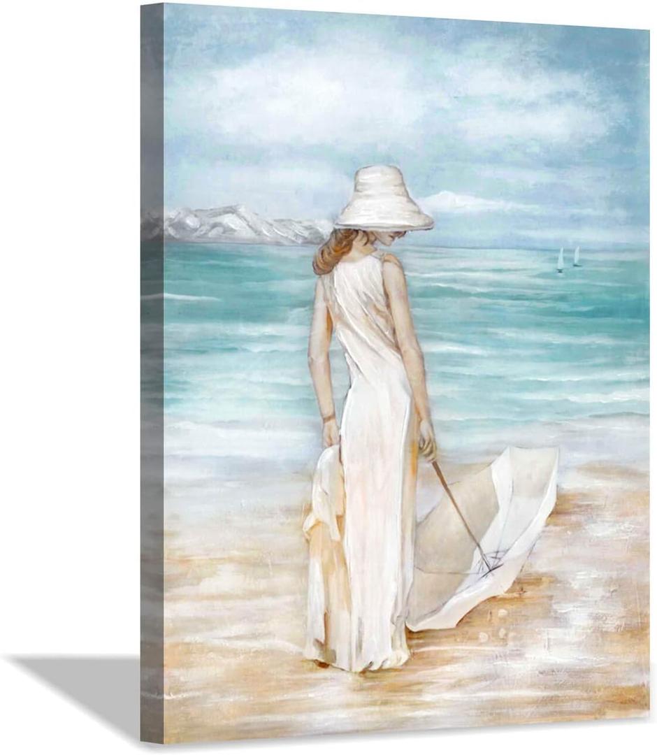 Hardy Gallery Abstract Beach Artwork Ocean Picture: Modern Women with Umbrella Sea Print Coastal Wall Art on Canvas for Bedroom (24 x 18 x1 Panel)