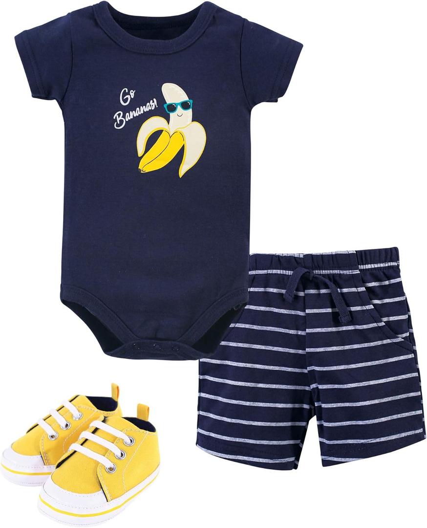 Hudson Baby Unisex Baby Cotton Bodysuit, Shorts and Shoe Set (0-3 Months, Go Bananas, 18 Months)