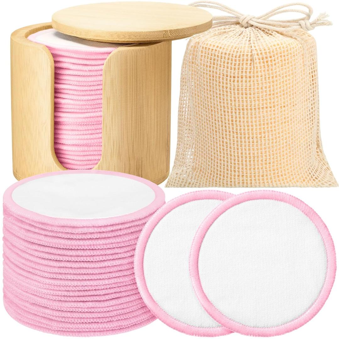 Foaincore 40 Pcs Reusable Makeup Remover Pads with Mesh Storage Bag and Bamboo Box Washable Bamboo Cotton Rounds Soft Reusable Face Pad for Toner Skin Various Skin Care Products(White Pink)