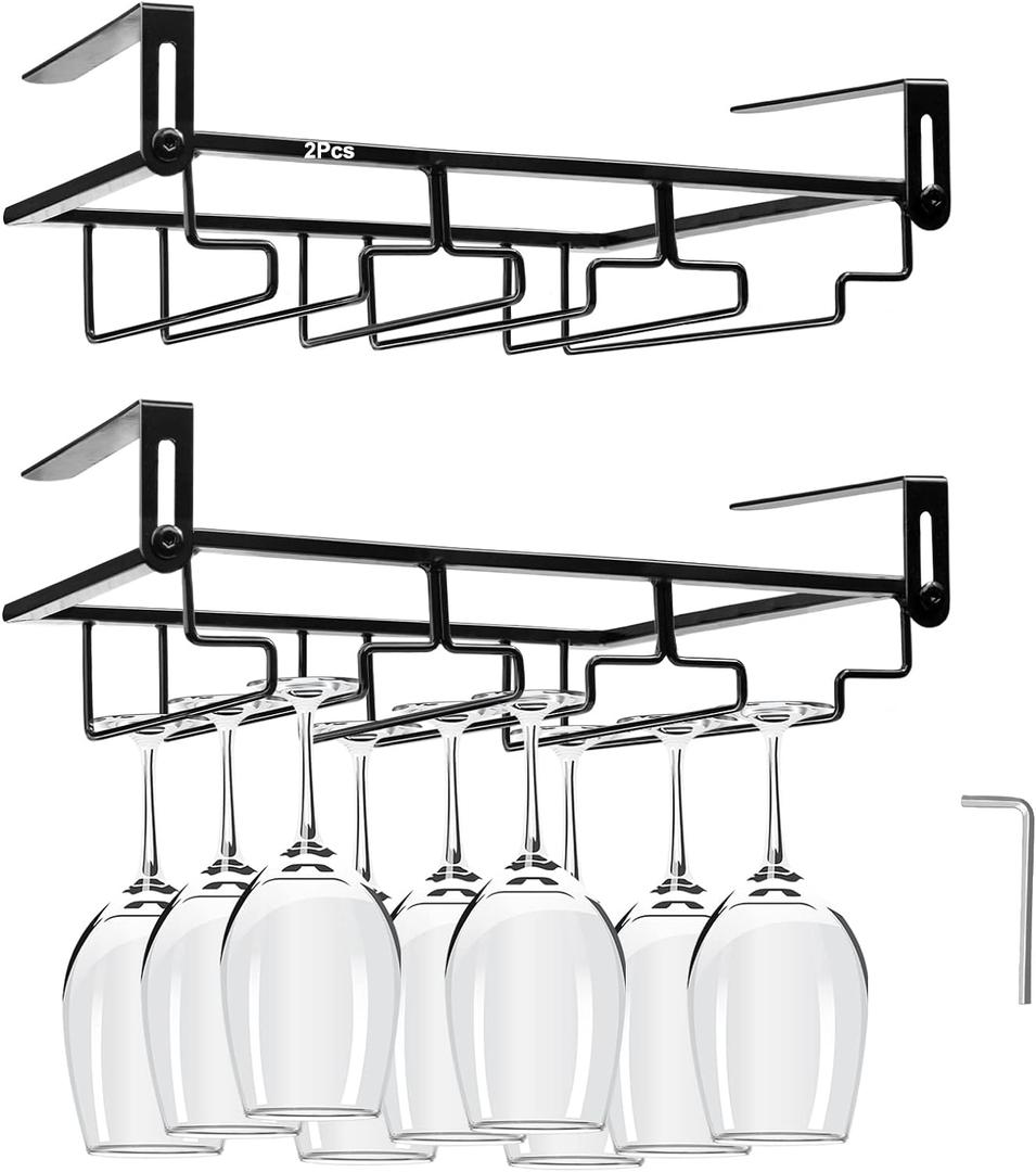 AUHOKY 2Pcs Adjustable Glass Rack Under Cabinet, Punch-Free 3 Rows Stemware Metal Holder, Hanging Glass Storage Hanger Organizer for Shelf Kitchen Bar Decor (3 Rows, Black)