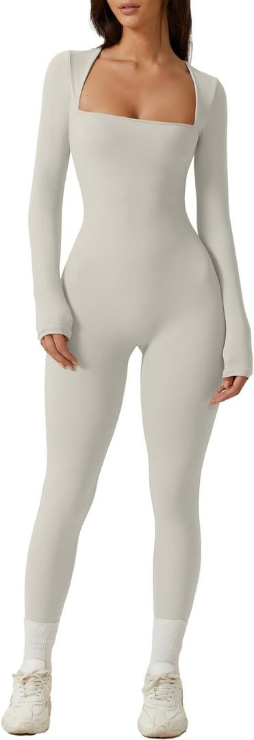 QINSEN Womens Sexy Square Neck Long Sleeve Full Length Leggings Bodycon Stretch Jumpsuit (White, Large)